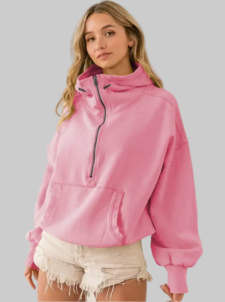 Sports Zipper Drawstring Long Sleeve Sweater - XL / Pink1 - Sweatshirts & Hoodies
