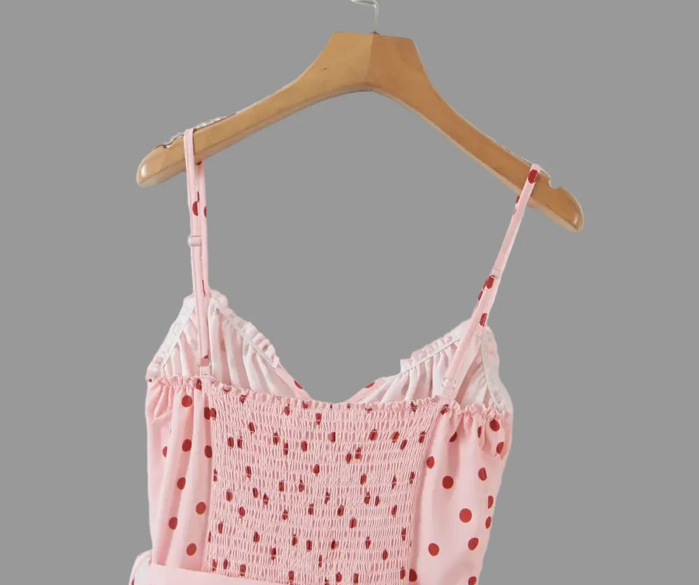 Spring Pink Polka Dot Lace up Backless Romper - Dresses