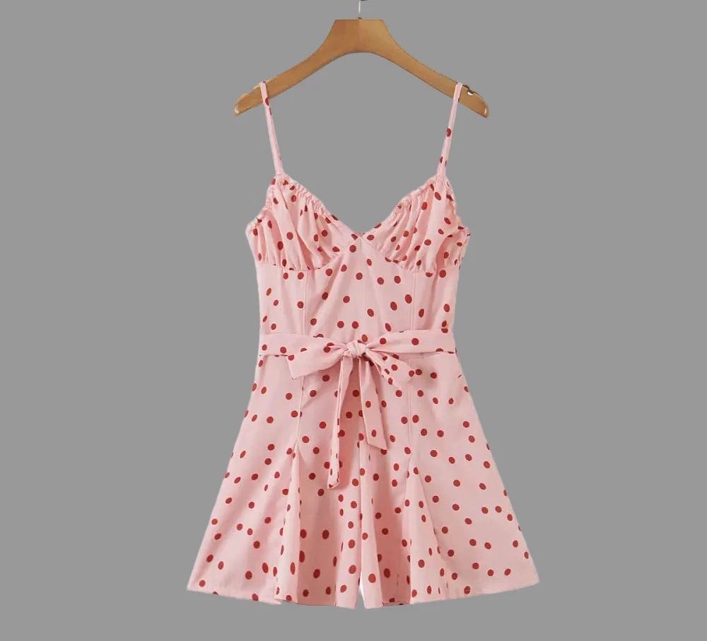 Spring Pink Polka Dot Lace up Backless Romper - Dresses