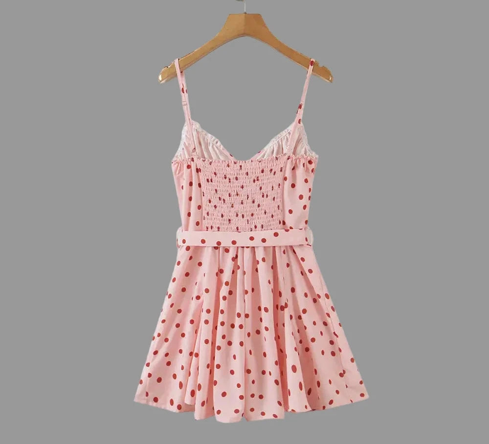 Spring Pink Polka Dot Lace up Backless Romper - Dresses