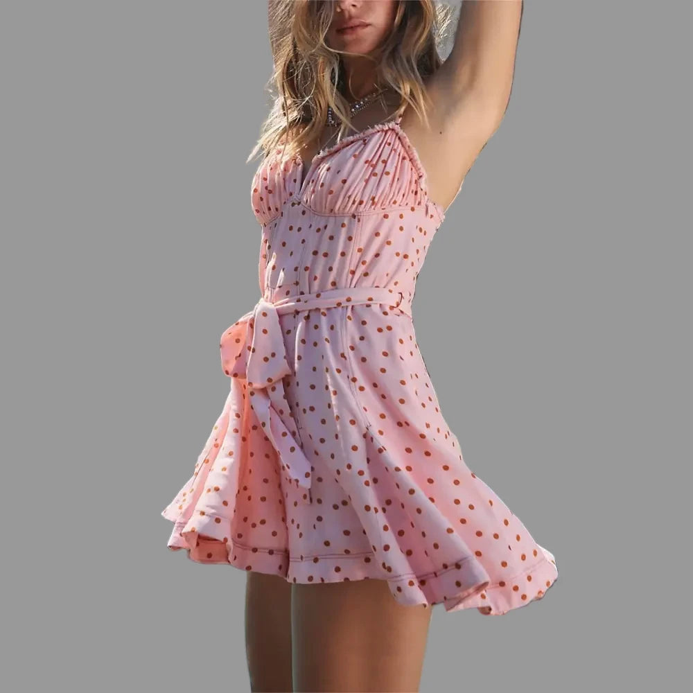 Spring Pink Polka Dot Lace up Backless Romper - S / Dresses