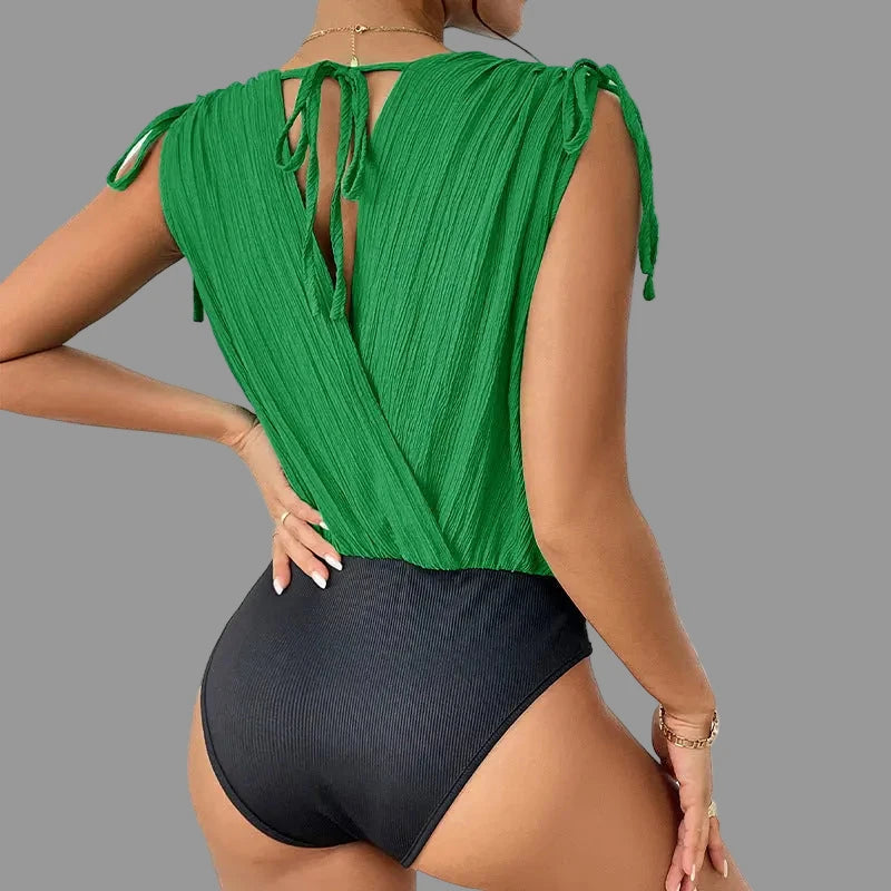Stitching Sleeveless Contrast Color Bodysuit - Bodysuits