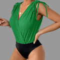 Stitching Sleeveless Contrast Color Bodysuit - L / Green - Bodysuits
