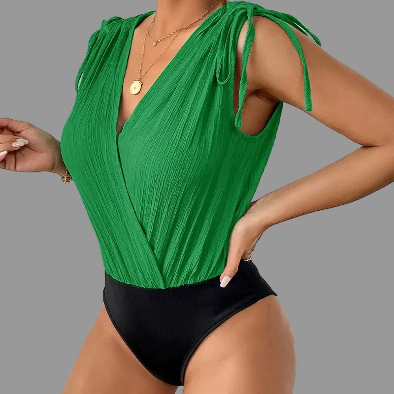 Stitching Sleeveless Contrast Color Bodysuit - L / Green - Bodysuits