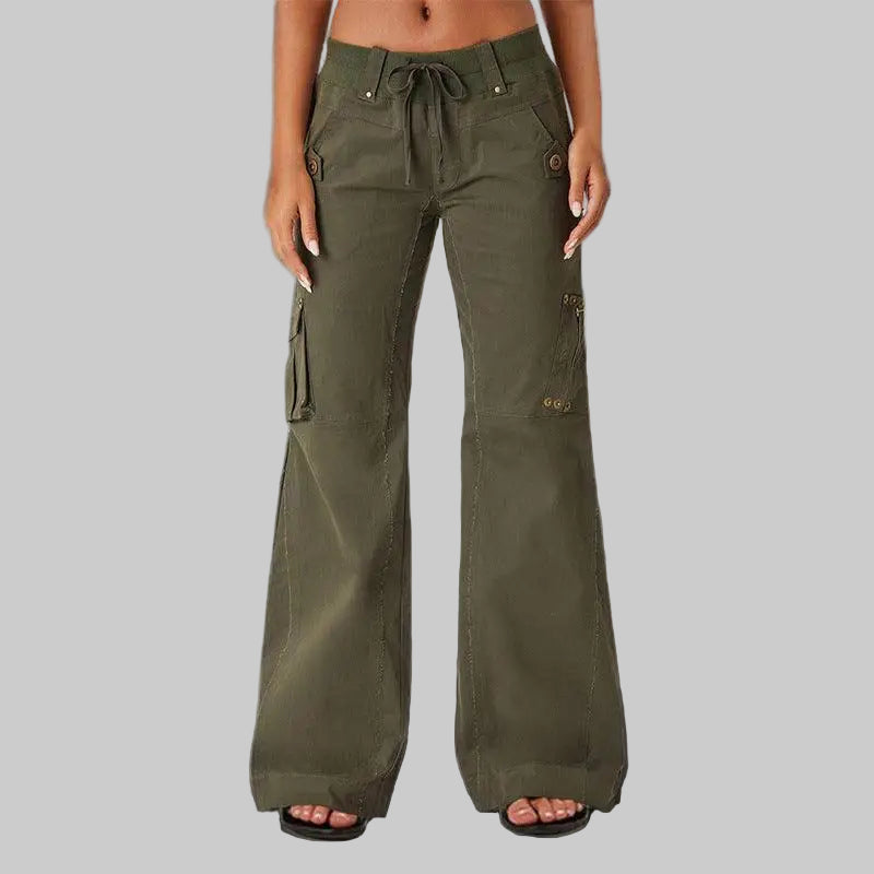 Street Drawstring Multi Bag Frayed Wide Leg Pants - XS / Army Green
