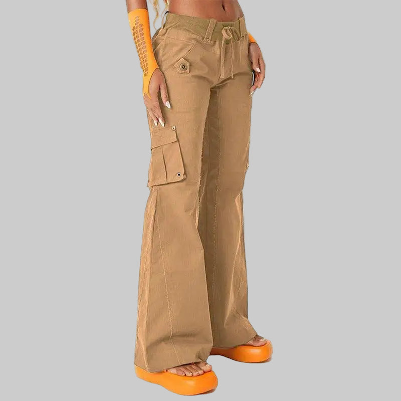 Street Drawstring Multi Bag Frayed Wide Leg Pants - XS / Khaki