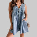 Street Hipster Denim Jumpsuit Sleeveless Short Sleeve Dress - S / Light Blue - Dresses