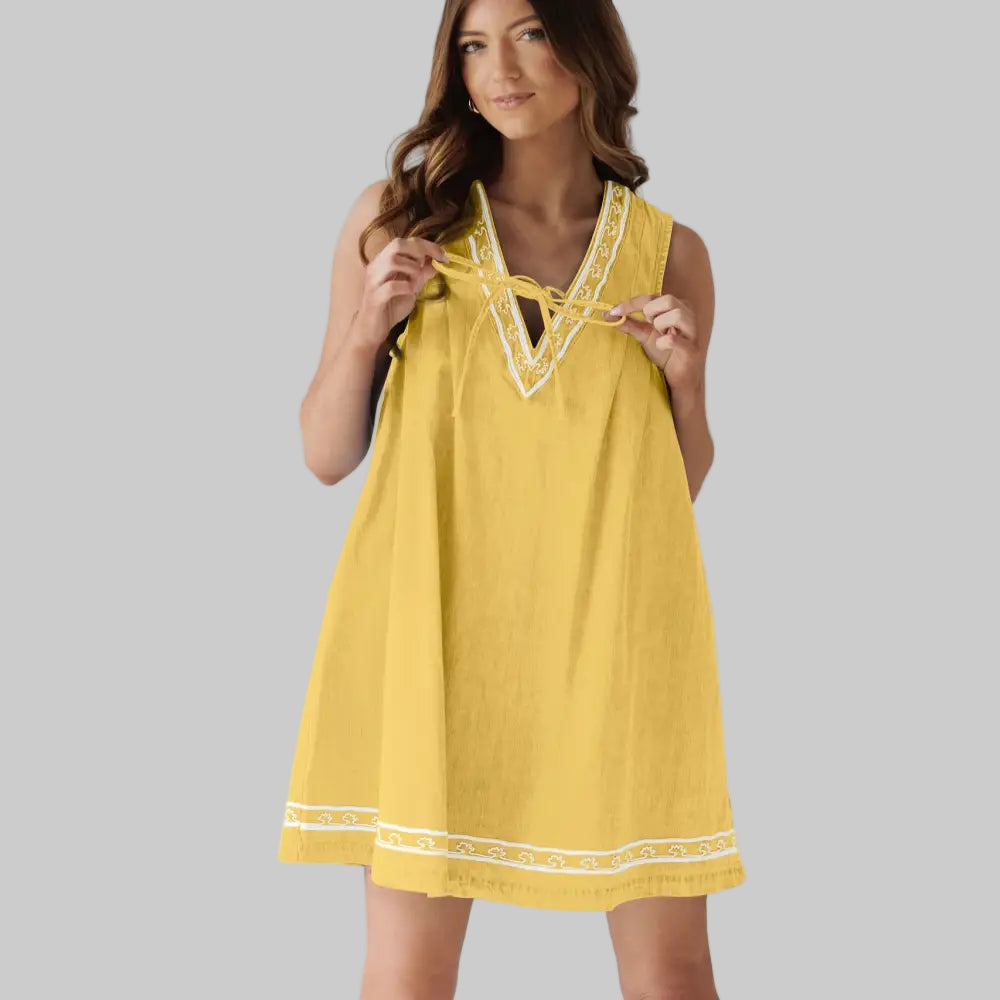 Street Hipster Sleeveless Embroidered Denim Dress - S / Yellow - Dresses