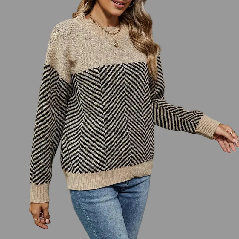Striped Casual Long Sleeved Knitted Sweater - S / Khaki - Sweaters & Cardigans