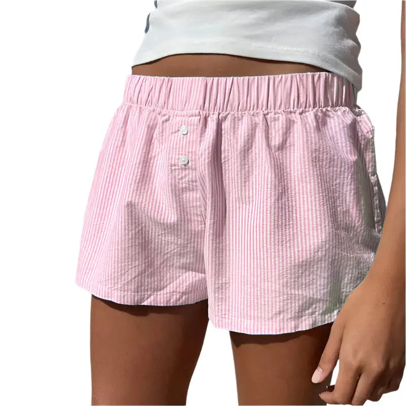 Striped Elastic Waist Shorts - S / Light pink - Loungewear Sleepwear