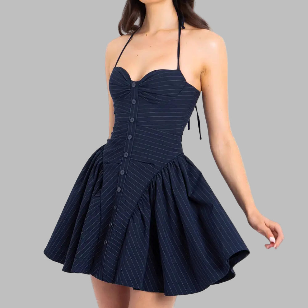 Striped Halter Fitted Waist Backless Dress - Dresses