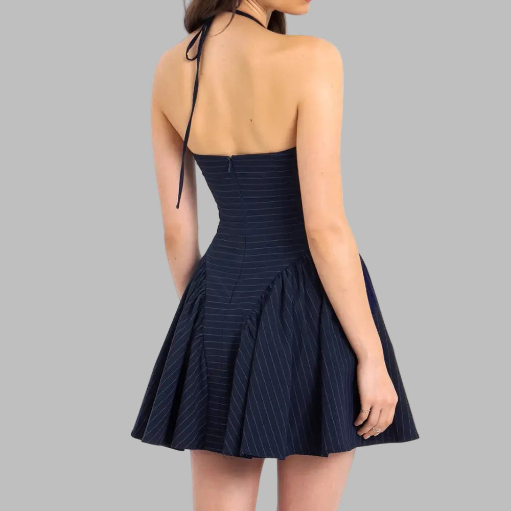 Striped Halter Fitted Waist Backless Dress - Dresses