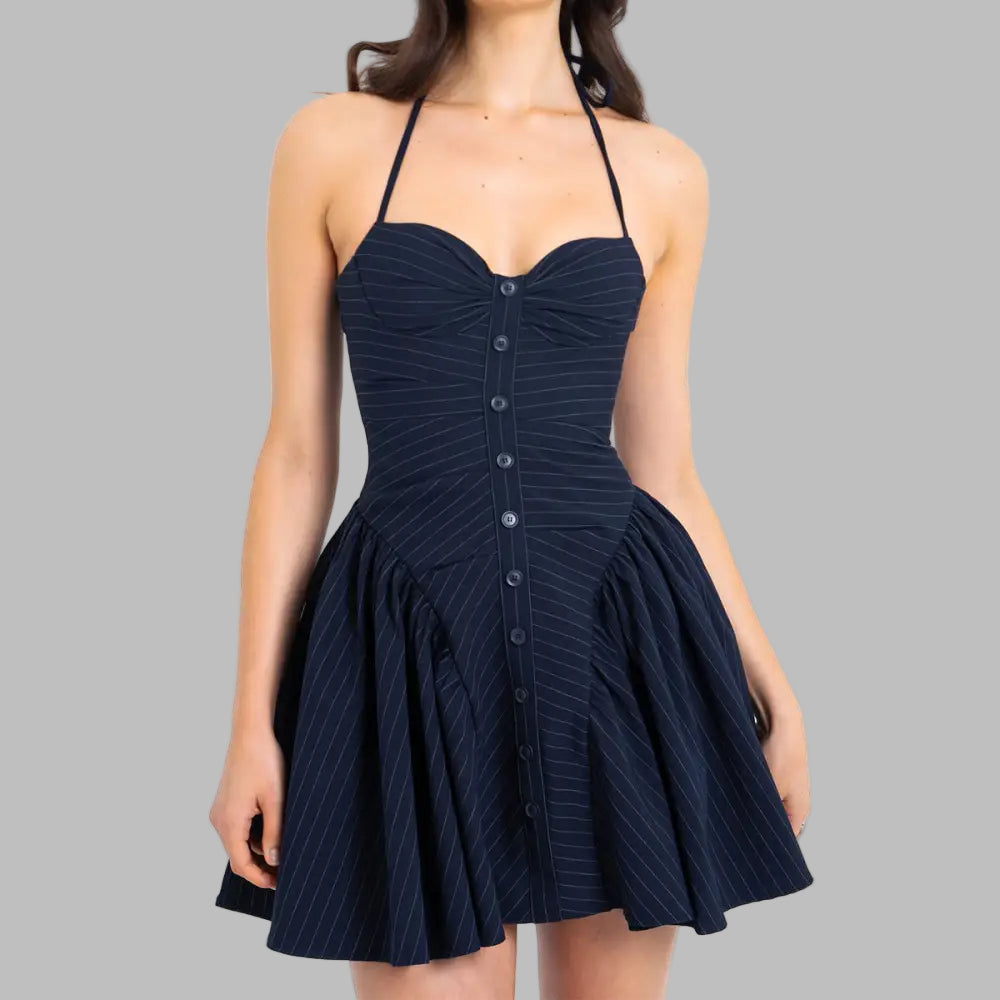 Striped Halter Fitted Waist Backless Dress - XS / Navy Blue - Dresses