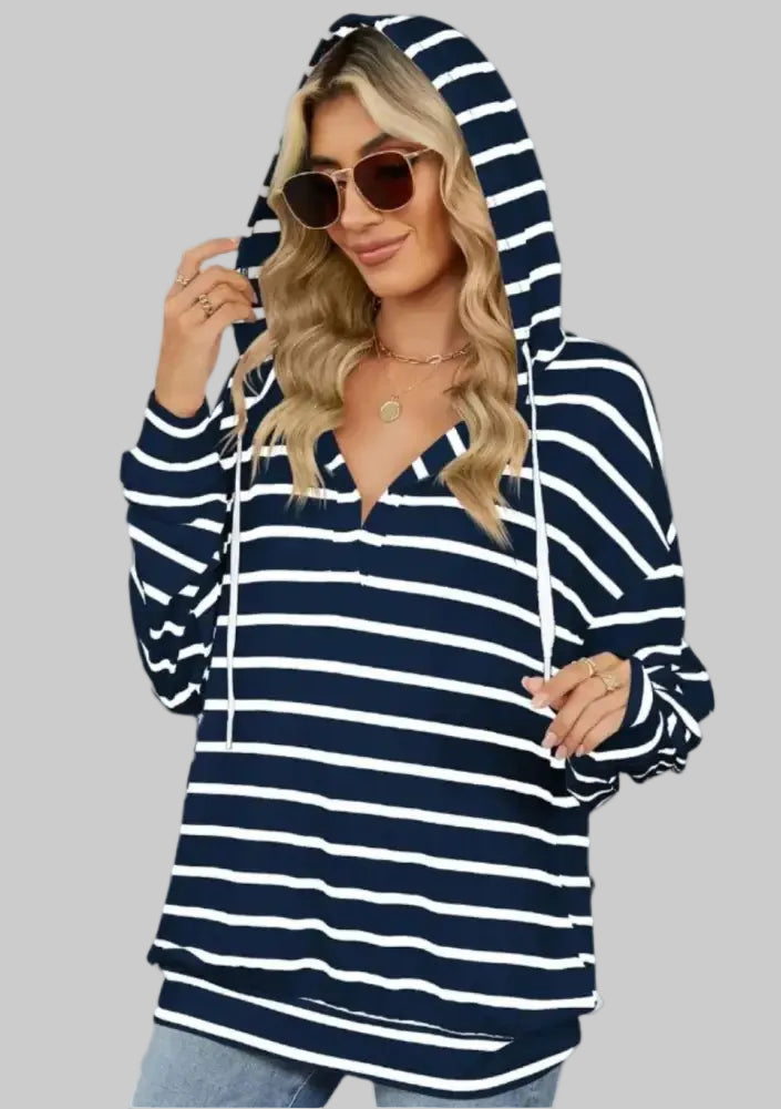 Striped Hooded Long Sleeve Sweatshirt - Sweatshirts & Hoodies