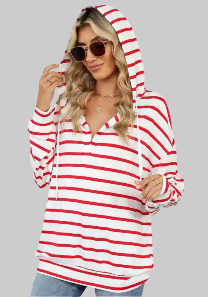 Striped Hooded Long Sleeve Sweatshirt - Sweatshirts & Hoodies