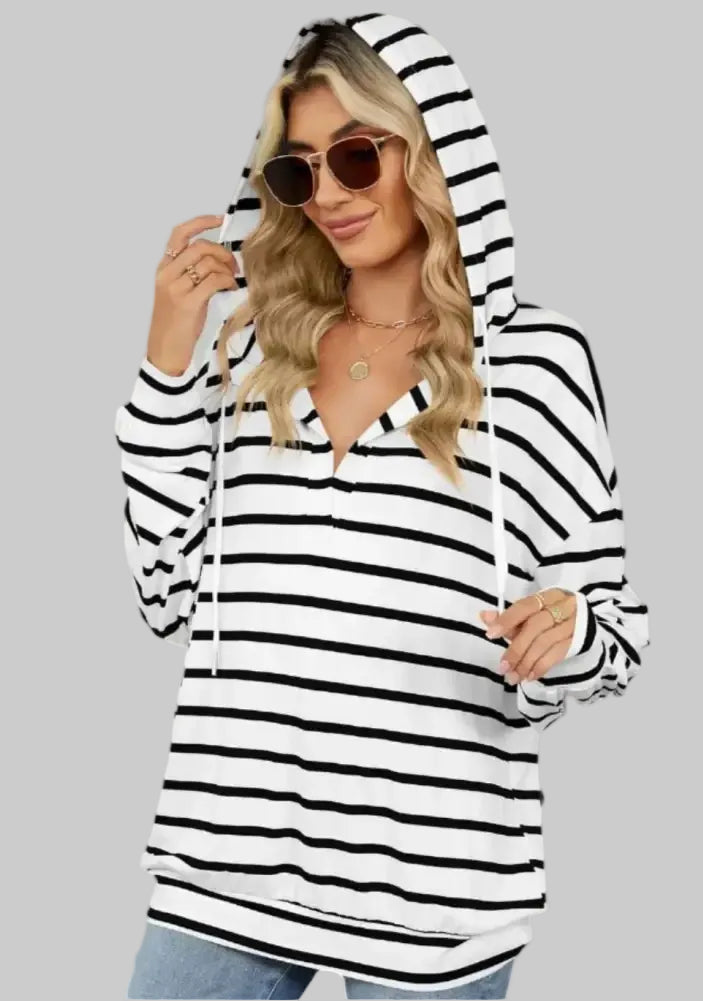 Striped Hooded Long Sleeve Sweatshirt - Sweatshirts & Hoodies