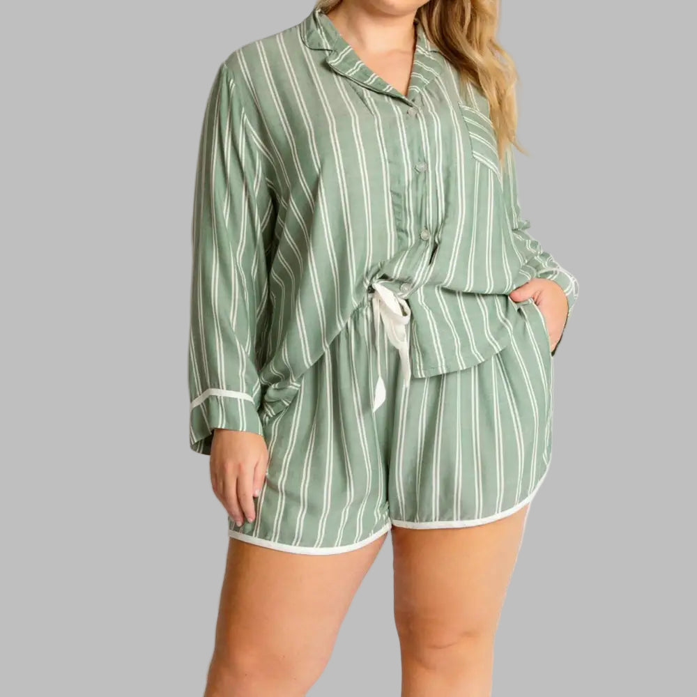 Striped Pajamas Long Sleeve Shorts Set - S / Green - Loungewear Sleepwear