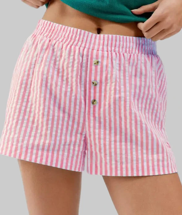 Striped Plaid Button Casual Shorts - S / Coral Red
