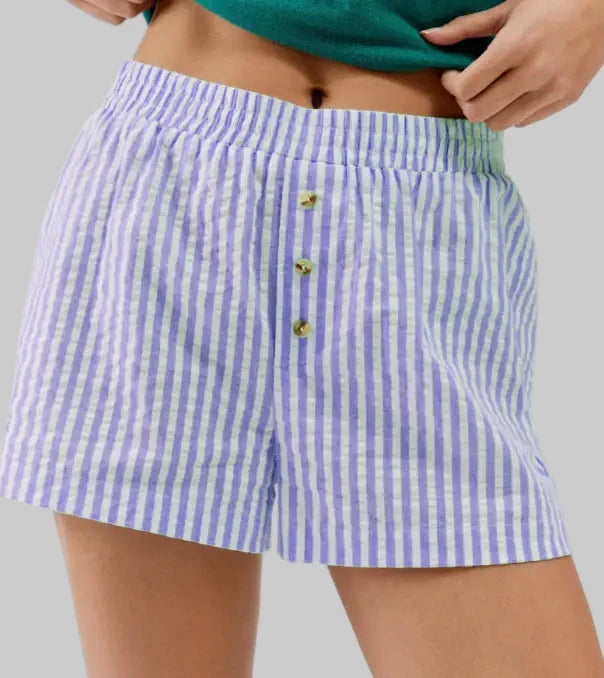 Striped Plaid Button Casual Shorts - S / Lavender