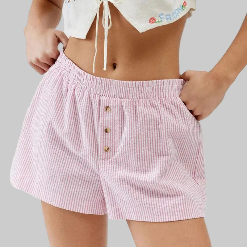 Striped Plaid Button Casual Shorts - S / Light pink