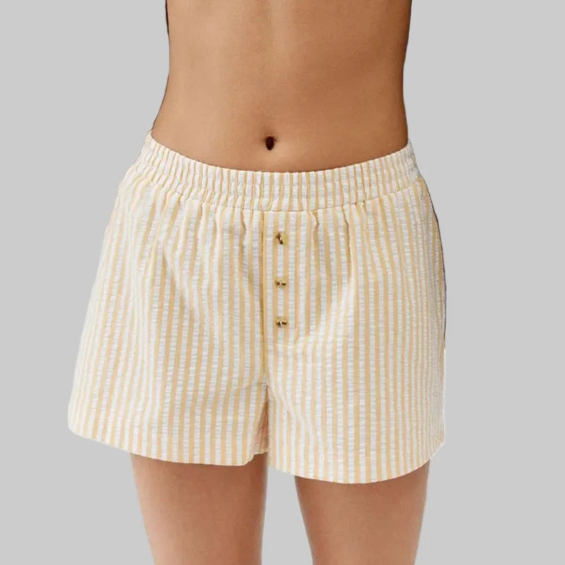 Striped Plaid Button Casual Shorts - S / Pale Yellow