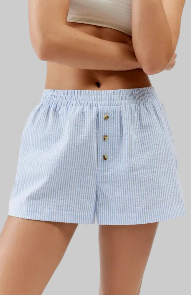 Striped Plaid Button Casual Shorts - S / skyblue