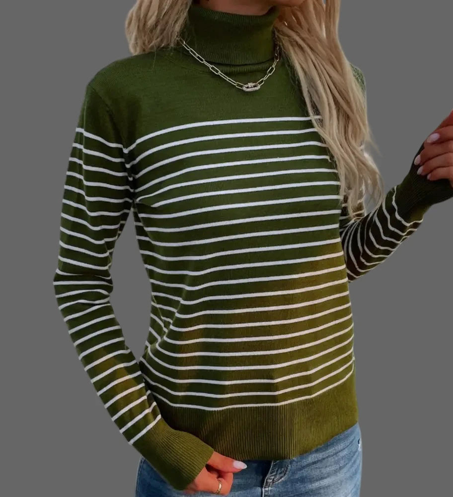 Striped Turtleneck Knitwear Sweater - S / Blackish Green - Sweaters & Cardigans