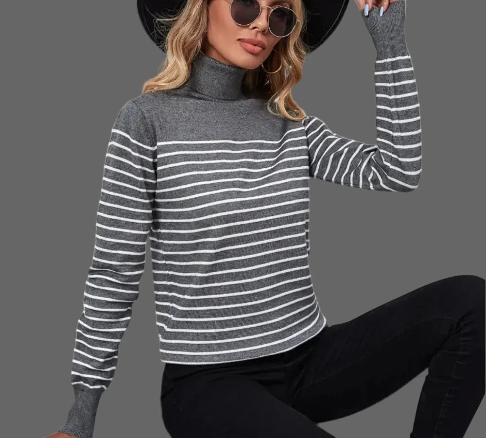 Striped Turtleneck Knitwear Sweater - S / Dark Grey - Sweaters & Cardigans