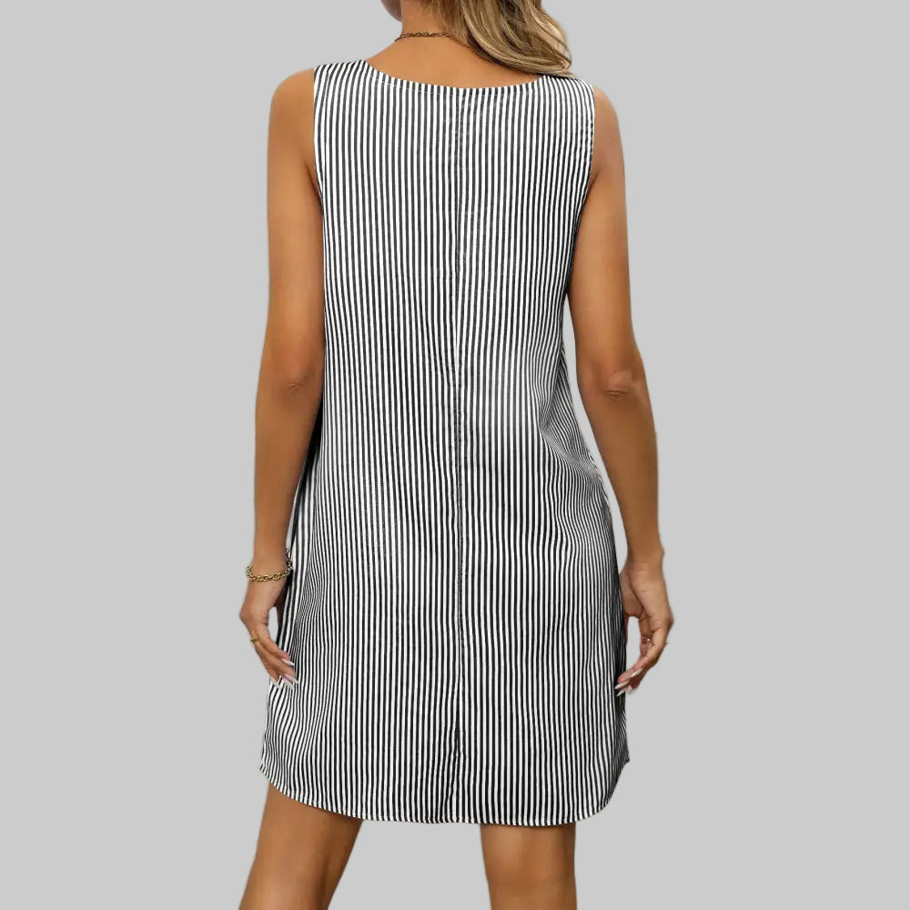 Striped with Pockets Button Strap Dress - Dresses