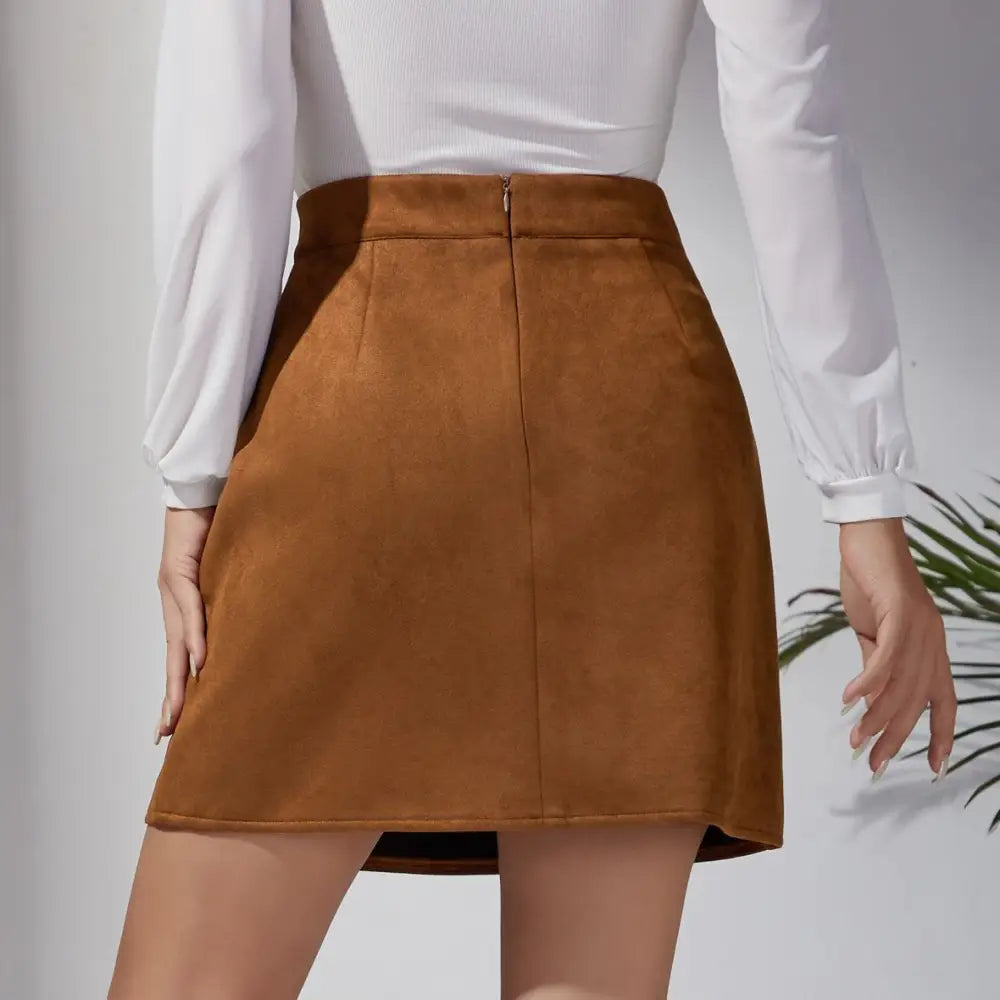 Suede High Waist Metal Buckle Hip Skirt - Skirts