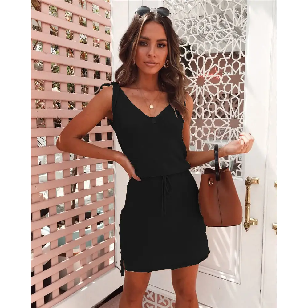 Summer Casual V-Neck Lace-up Dress - S / Black - Dresses