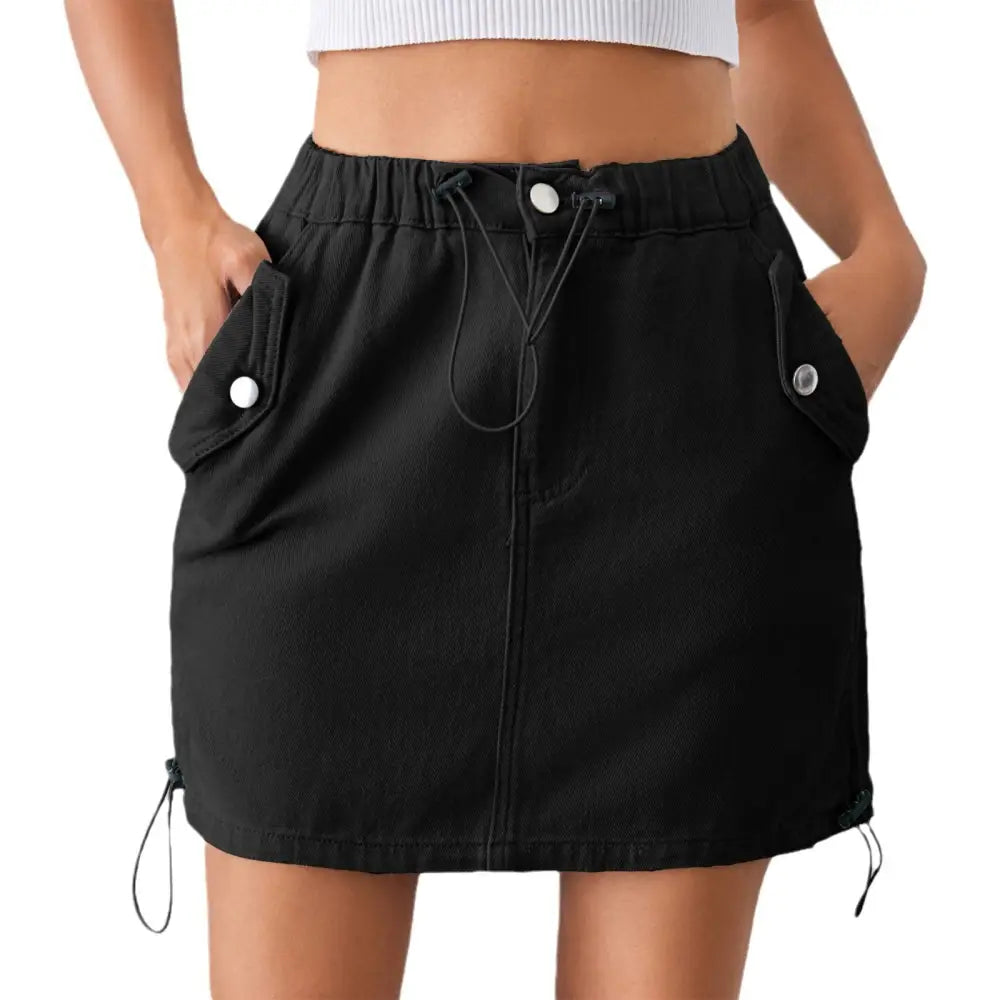 Summer Washed Drawstring Elastic Waist Denim Skirt - S / Black - Skirts