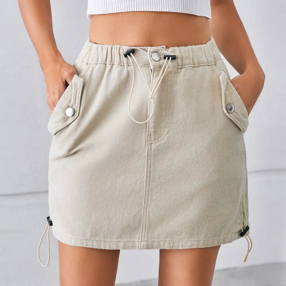 Summer Washed Drawstring Elastic Waist Denim Skirt - S / Khaki - Skirts
