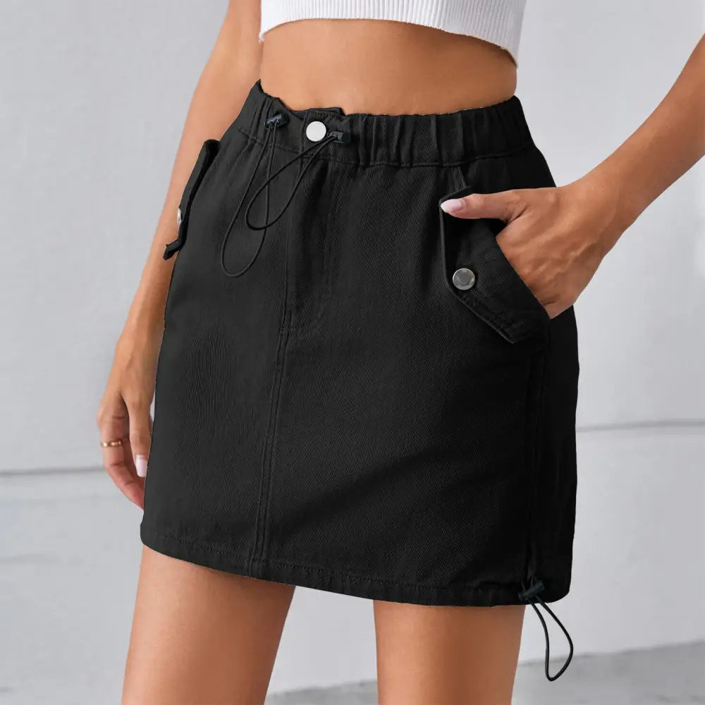 Summer Washed Drawstring Elastic Waist Denim Skirt - Skirts