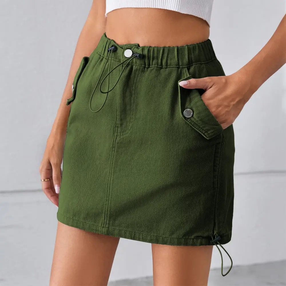Summer Washed Drawstring Elastic Waist Denim Skirt - Skirts
