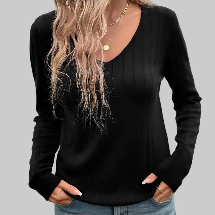 Sunken Stripe V-Neck Top - S / Black - Shirts & Blouses