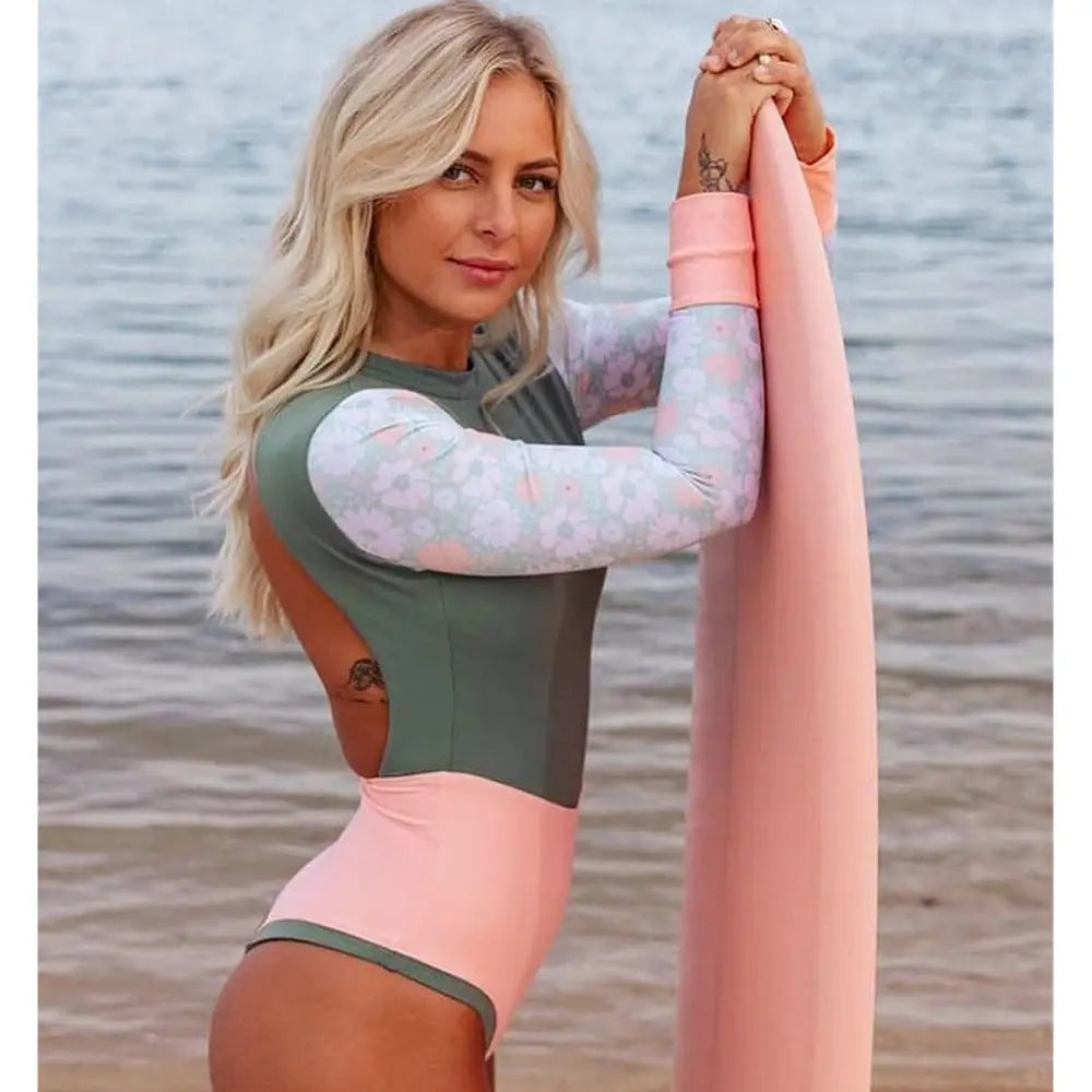Surfing Suit Floral Open Back - S / Green Orange - Suits