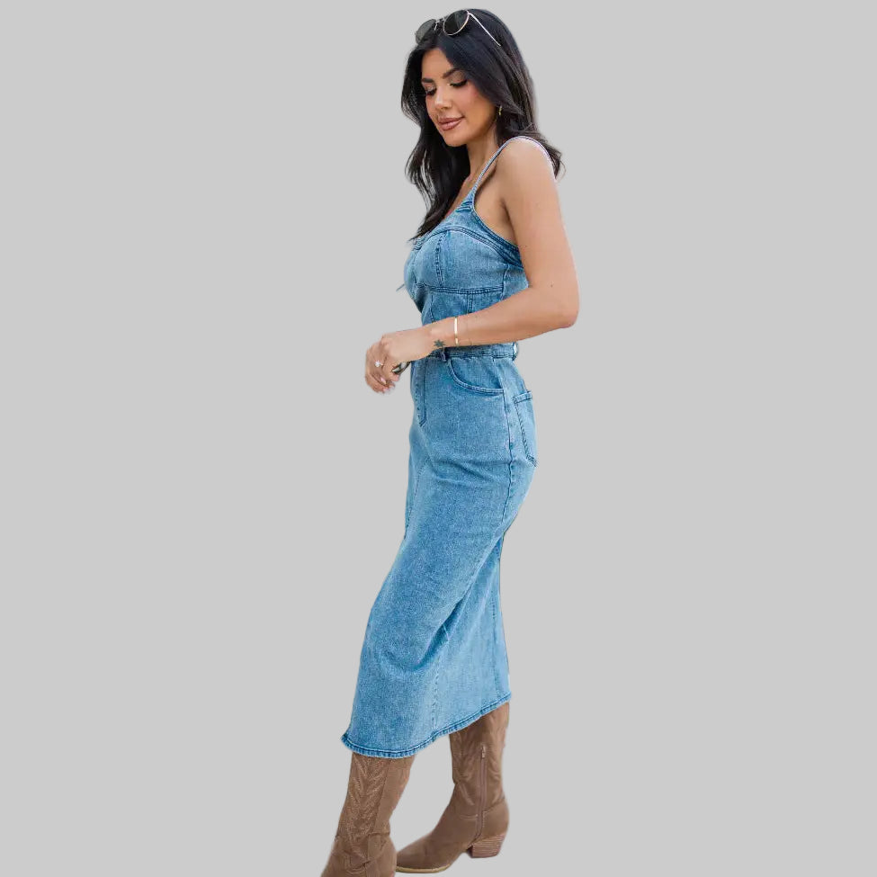 Suspenders Distressed Sexy Denim Dress - Dresses