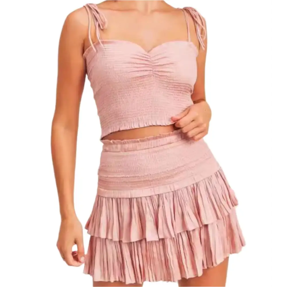Sweet Lace-up Bow Short Sexy Skirt Set - S / Pink - Outfit Sets