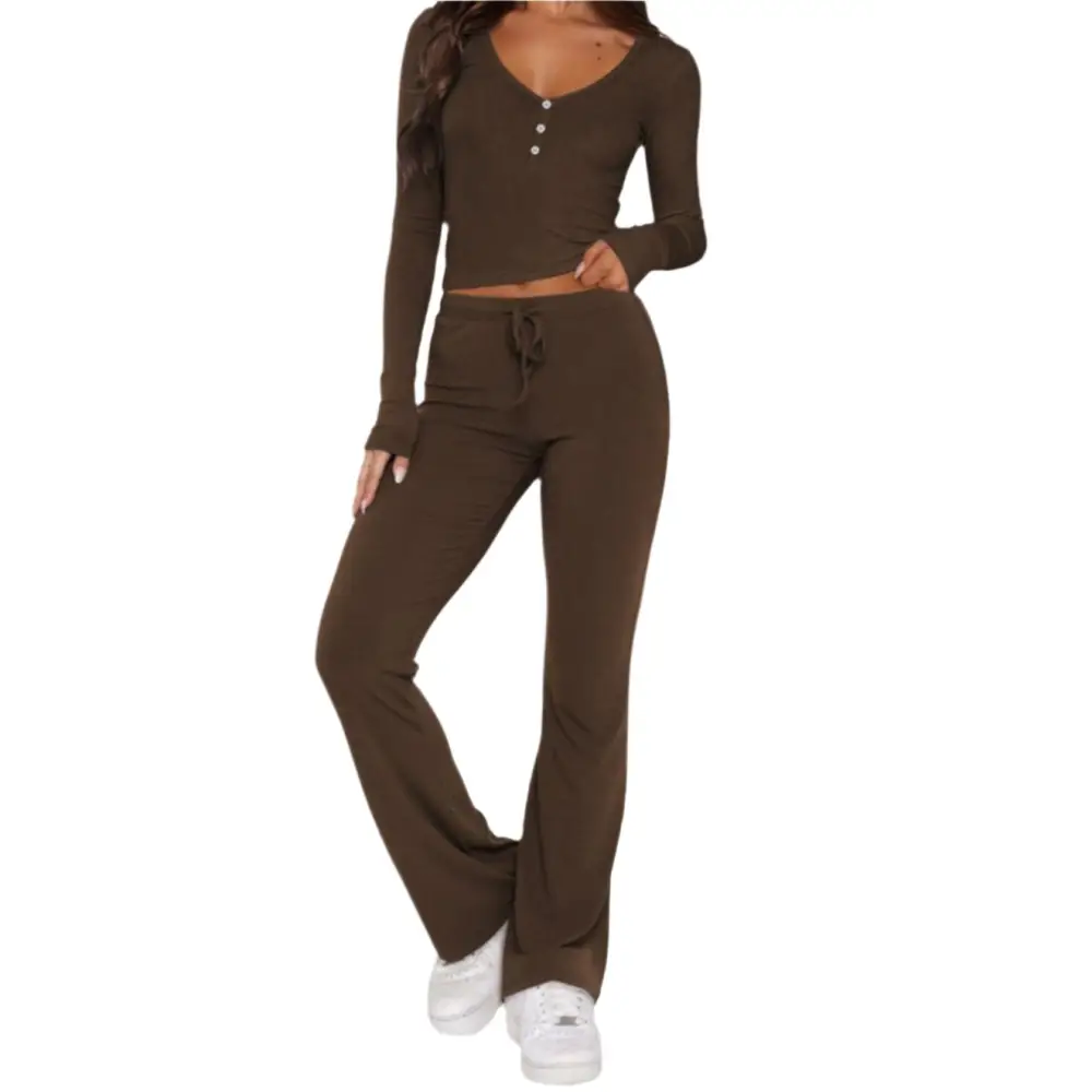 Sweet Spicy Long Sleeved Two-Piece Set - S / Coffee - Outfit Sets