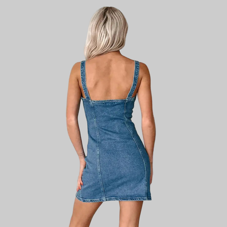 Sweet Spicy Strap Retro Denim Dress - Dresses