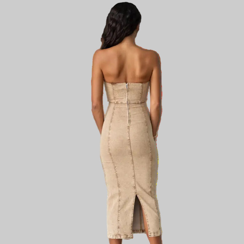 Tan Strapless Midi Dress in Patchwork Denim for a Sexy Slim Fit - Dresses