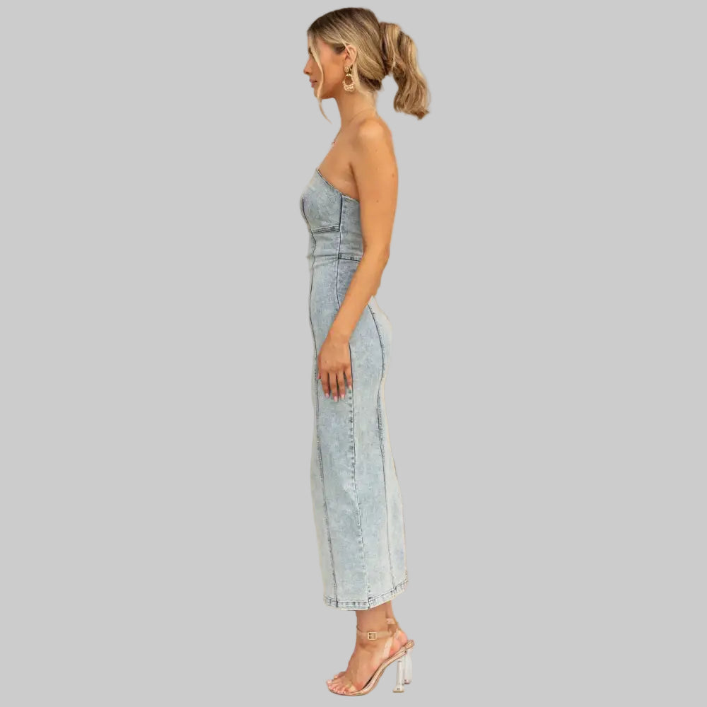 Tan Strapless Midi Dress in Patchwork Denim for a Sexy Slim Fit - Dresses