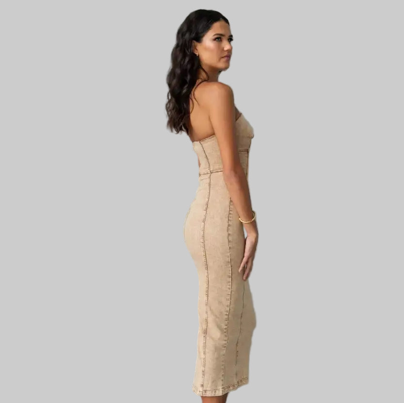 Tan Strapless Midi Dress in Patchwork Denim for a Sexy Slim Fit - Dresses