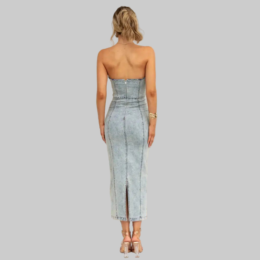 Tan Strapless Midi Dress in Patchwork Denim for a Sexy Slim Fit - Dresses