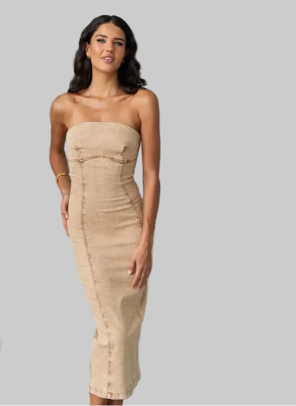 Tan Strapless Midi Dress in Patchwork Denim for a Sexy Slim Fit - S / Khaki - Dresses