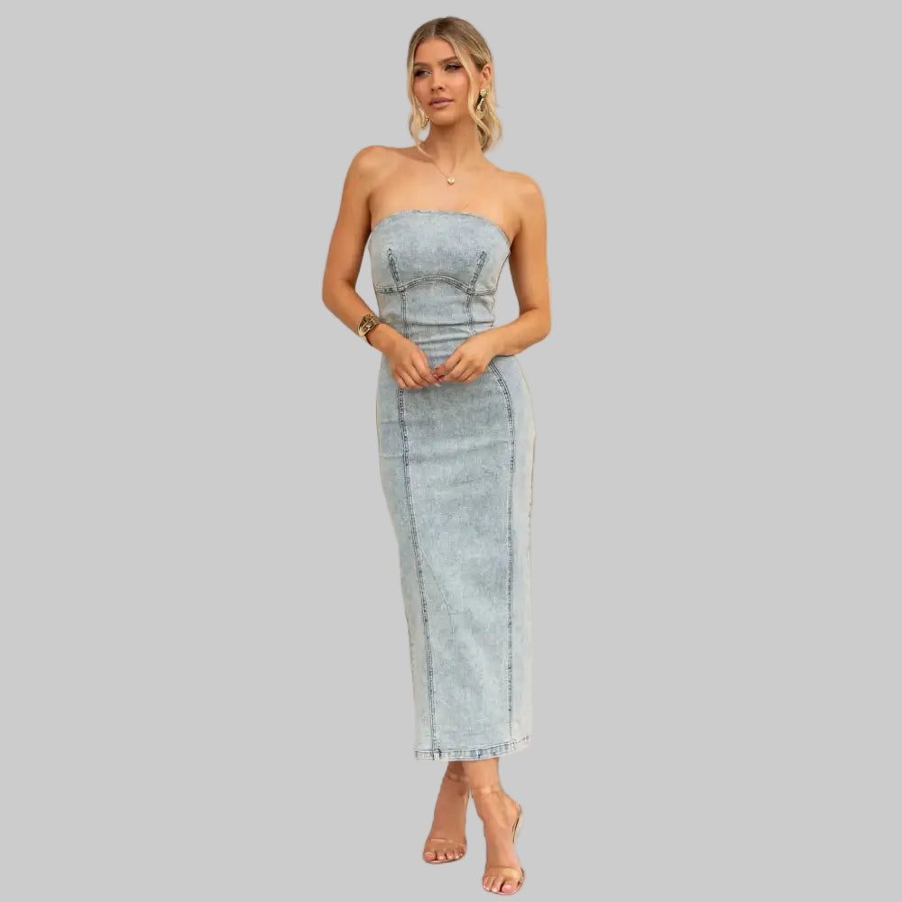 Tan Strapless Midi Dress in Patchwork Denim for a Sexy Slim Fit - S / Blue - Dresses