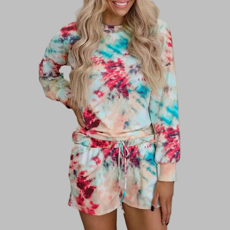 Tie Dye Printed Long Sleeve Casual Loungewear - S / Multi - Sleepwear