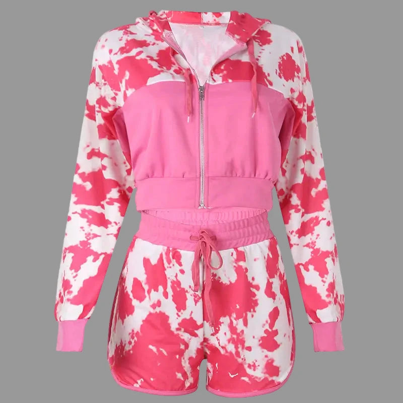 Tie Dye Printed Long Sleeved Loungewear Set - S / Pink - Outfit Sets