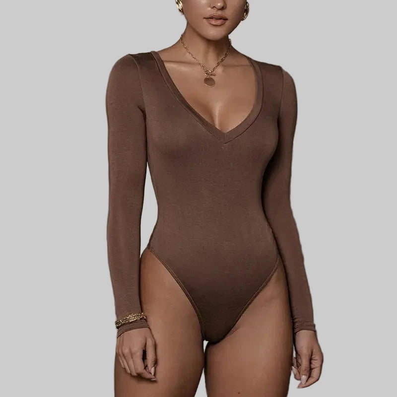 Tight Sexy Long Sleeve V-neck Bodysuit - S / Coffee - Bodysuits
